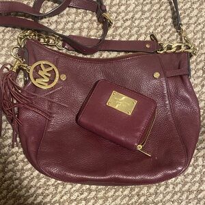 Michael Kors Dark Red Leather Shoulder Bag with Gold Accents